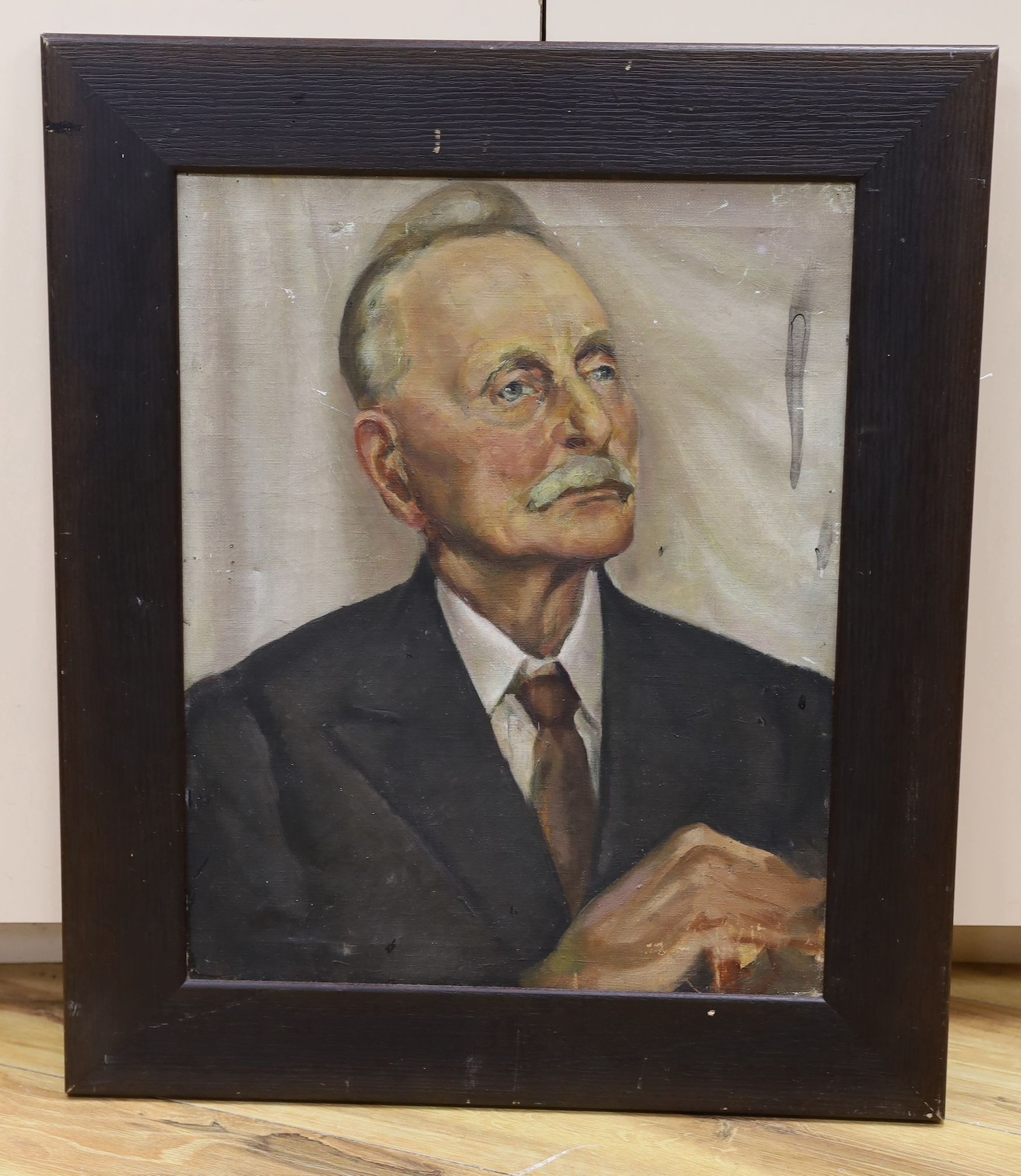 English School c.1950, oil on canvas, Portrait of Enoch Powell, 50 x 40cm